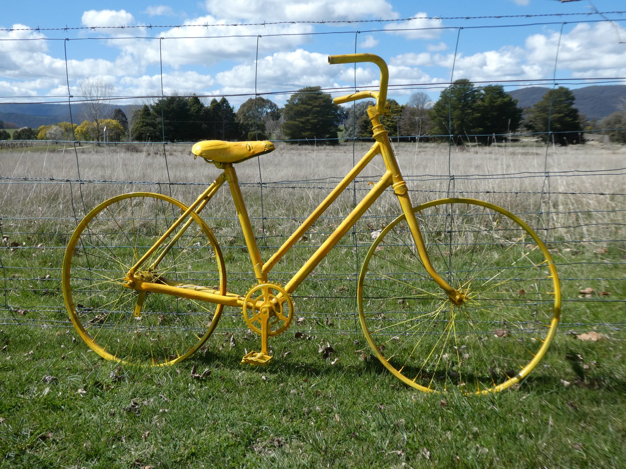 Yellow bike on fence