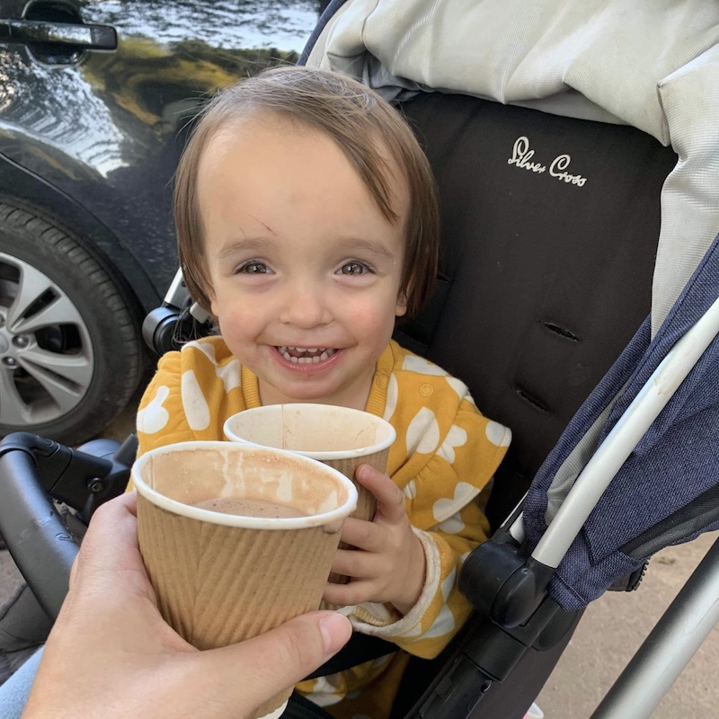 Dottie enjoying a hot chocolate